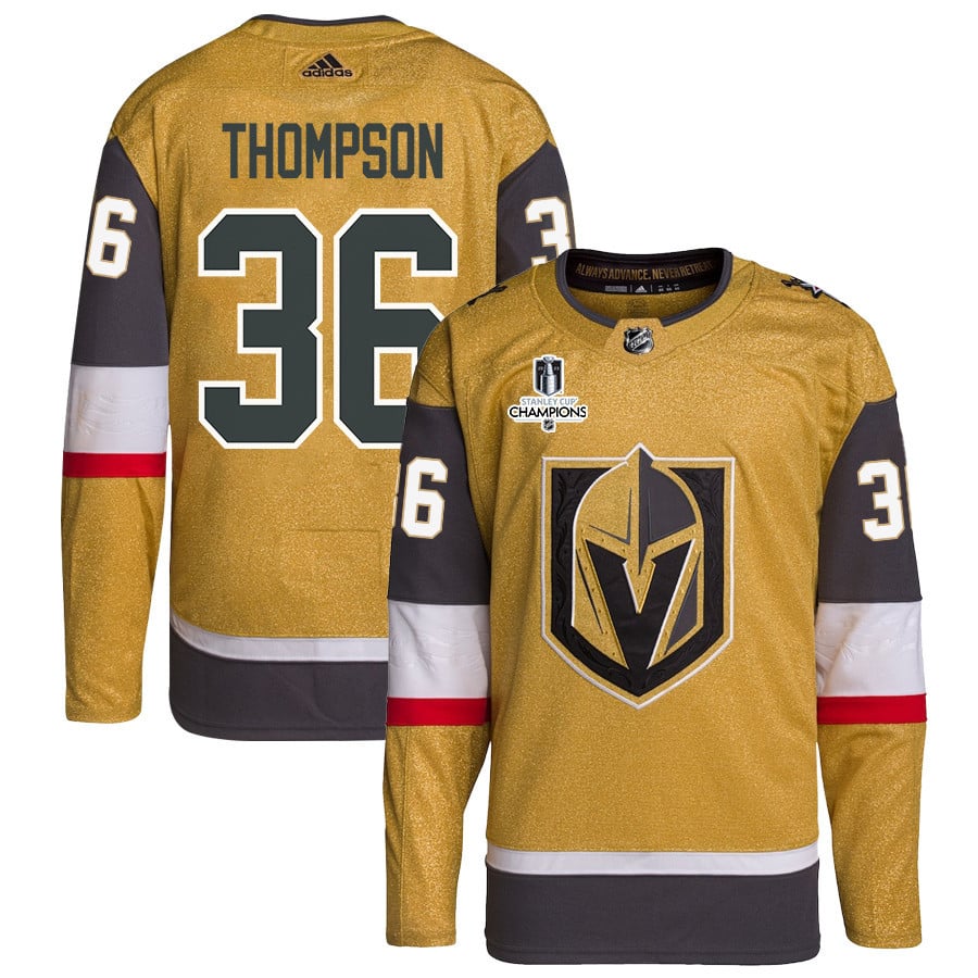 Logan Thompson 36 Vegas Golden Knights Stanley Cup 2023 Champions Patch Home Breakaway Men Jersey - Gold - JS600 