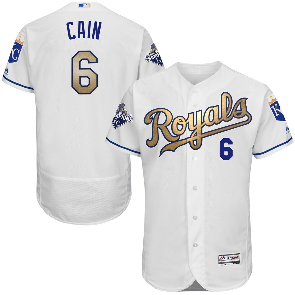 Lorenzo Cain Kansas City Royals Majestic Home 2015 World Series Champions Gold Program Flex Base Player Jersey - White