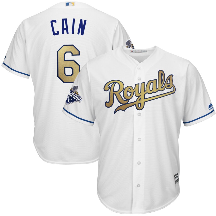 Lorenzo Cain Kansas City Royals Majestic World Series Champions Gold Program Cool Base Player Jersey – White