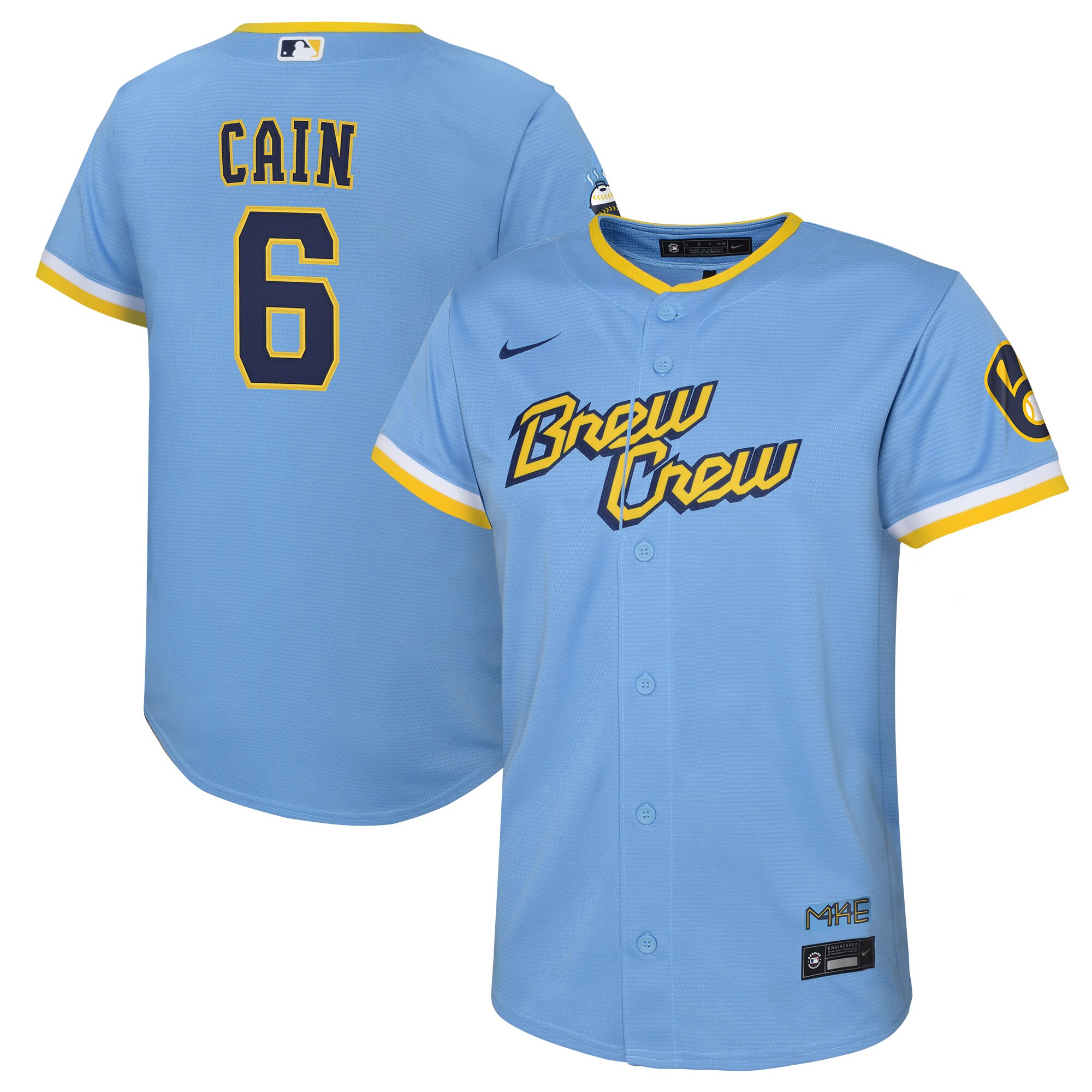 Alternative view of Lorenzo Cain Milwaukee Brewers Youth 2022 City Connect Replica Player Jersey - Powder Blue