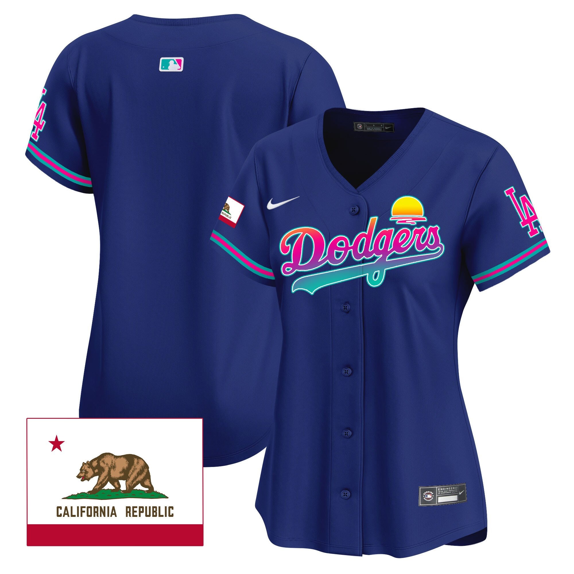 Los Angeles Dodgers 2024 Los Angeles City Style California Republic Patch Women Jersey - Royal 