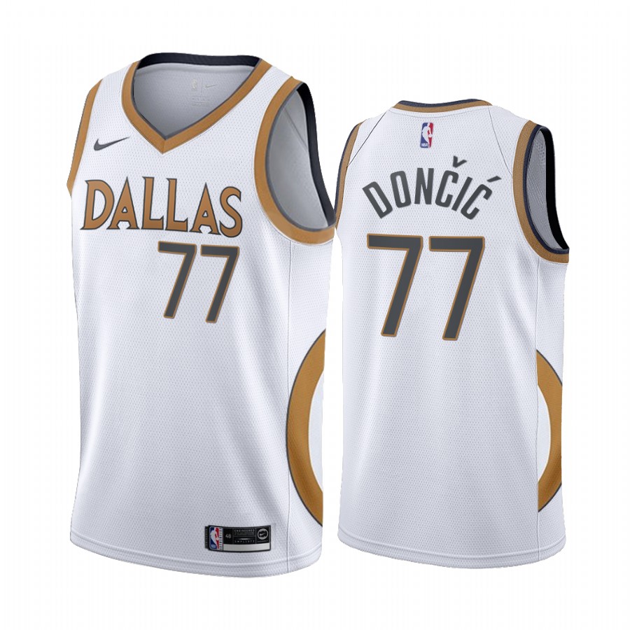 Luka Doncic Dallas Mavericks White City Edition Gold Silver Logo 2020-21 Jersey