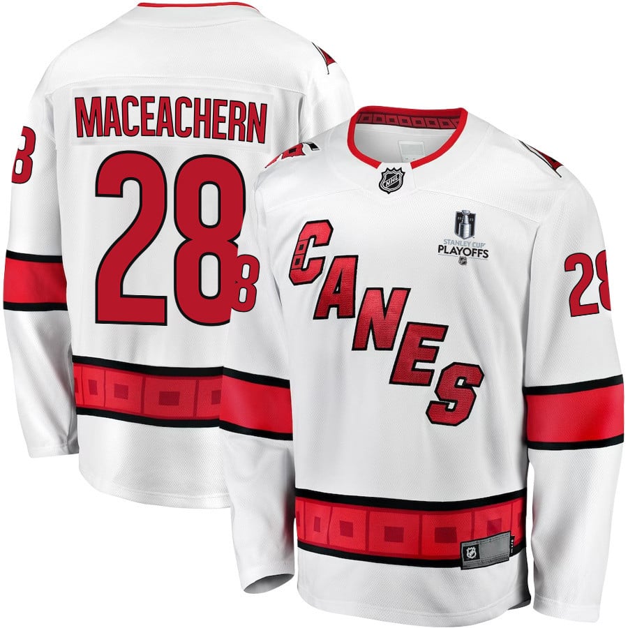 MacKenzie MacEachern 28 Carolina Hurricanes Stanley Cup 2023 Playoffs Patch Away Breakaway Men Jersey - White - JS373 