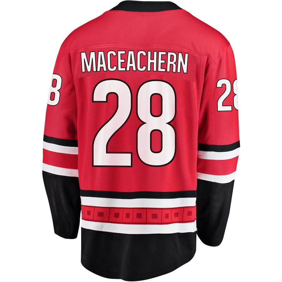 Alternative view of MacKenzie MacEachern 28 Carolina Hurricanes Stanley Cup 2023 Playoffs Patch Home Breakaway Men Jersey - Red - JS338 