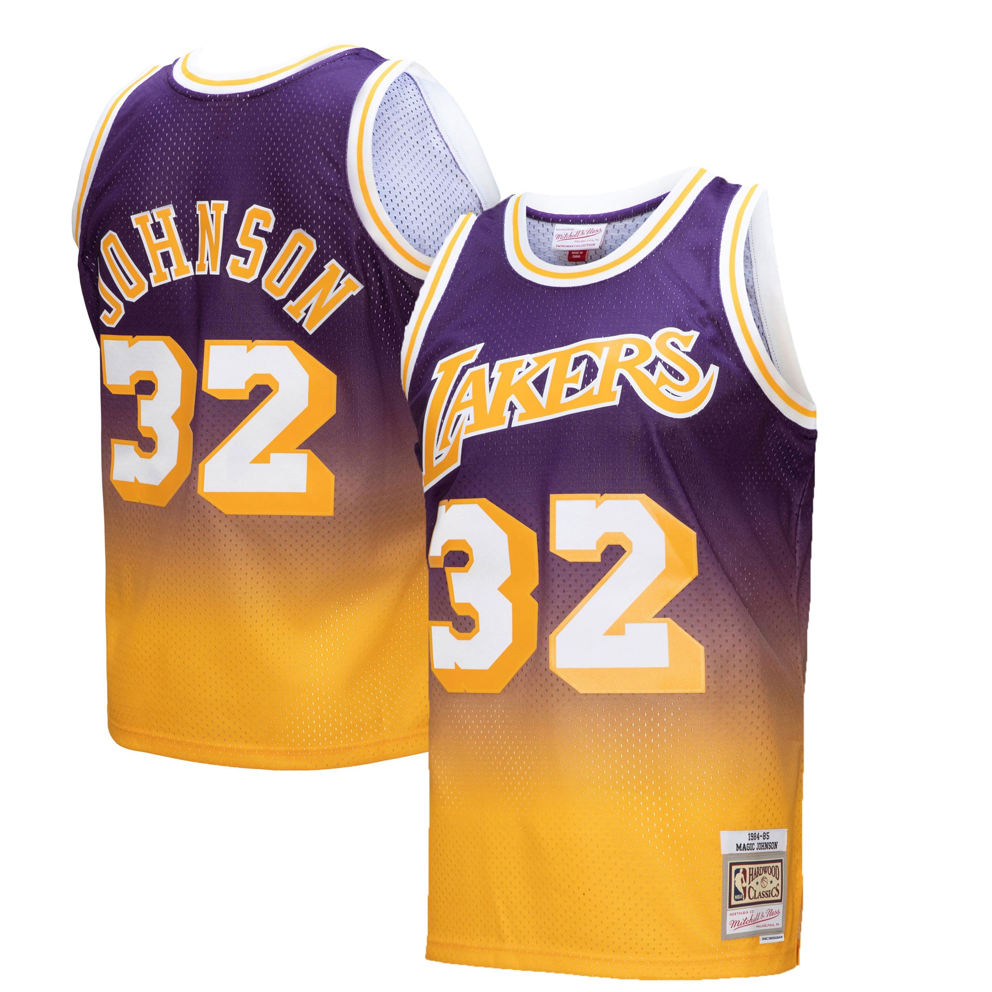 Alternative view of Magic Johnson Los Angeles Lakers Mitchell & Ness 1984/85 Hardwood Classics Fadeaway Swingman Player Jersey - Gold/purple