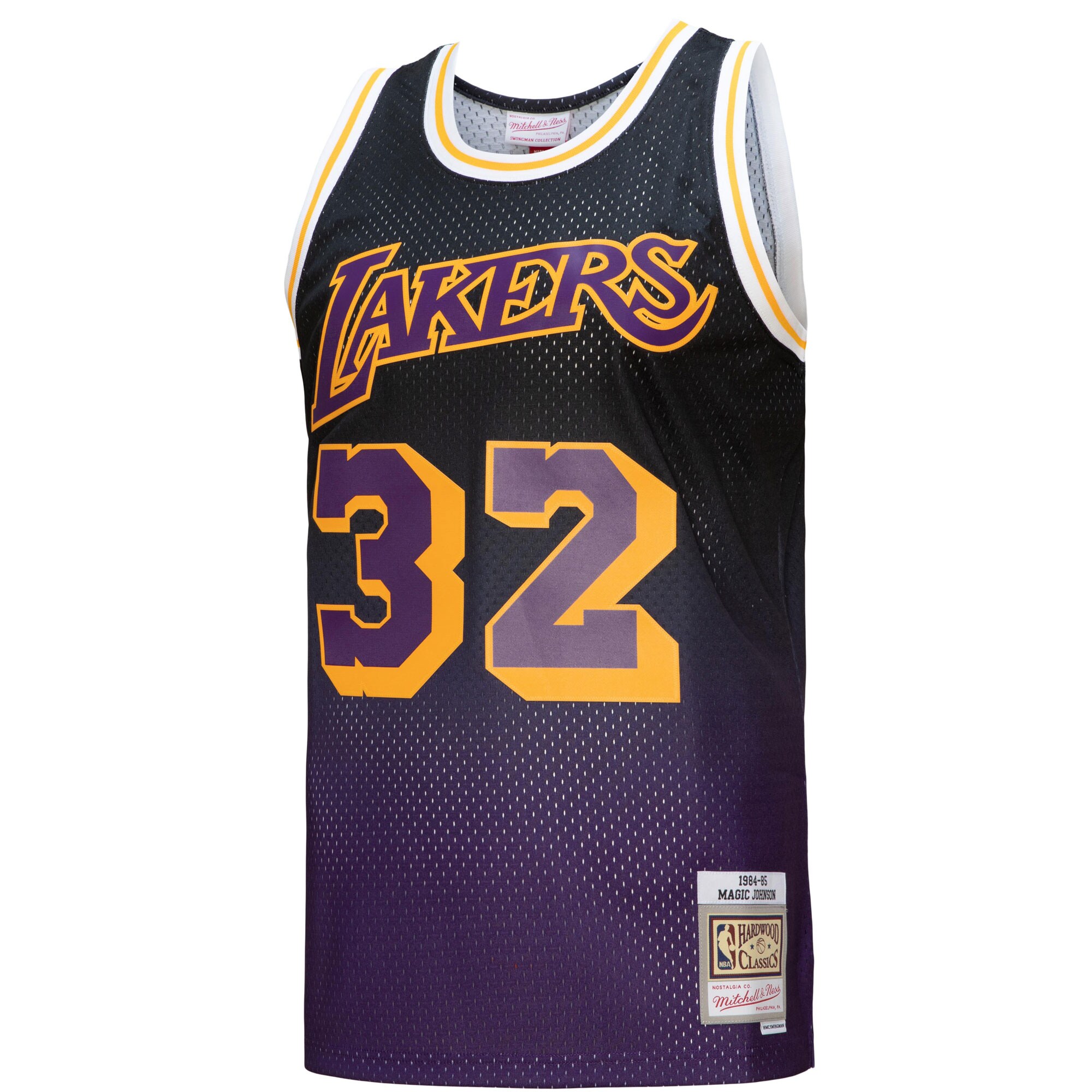 Alternative view of Magic Johnson Los Angeles Lakers Mitchell & Ness 1984/85 Hardwood Classics Fadeaway Swingman Player Jersey - Purple/black