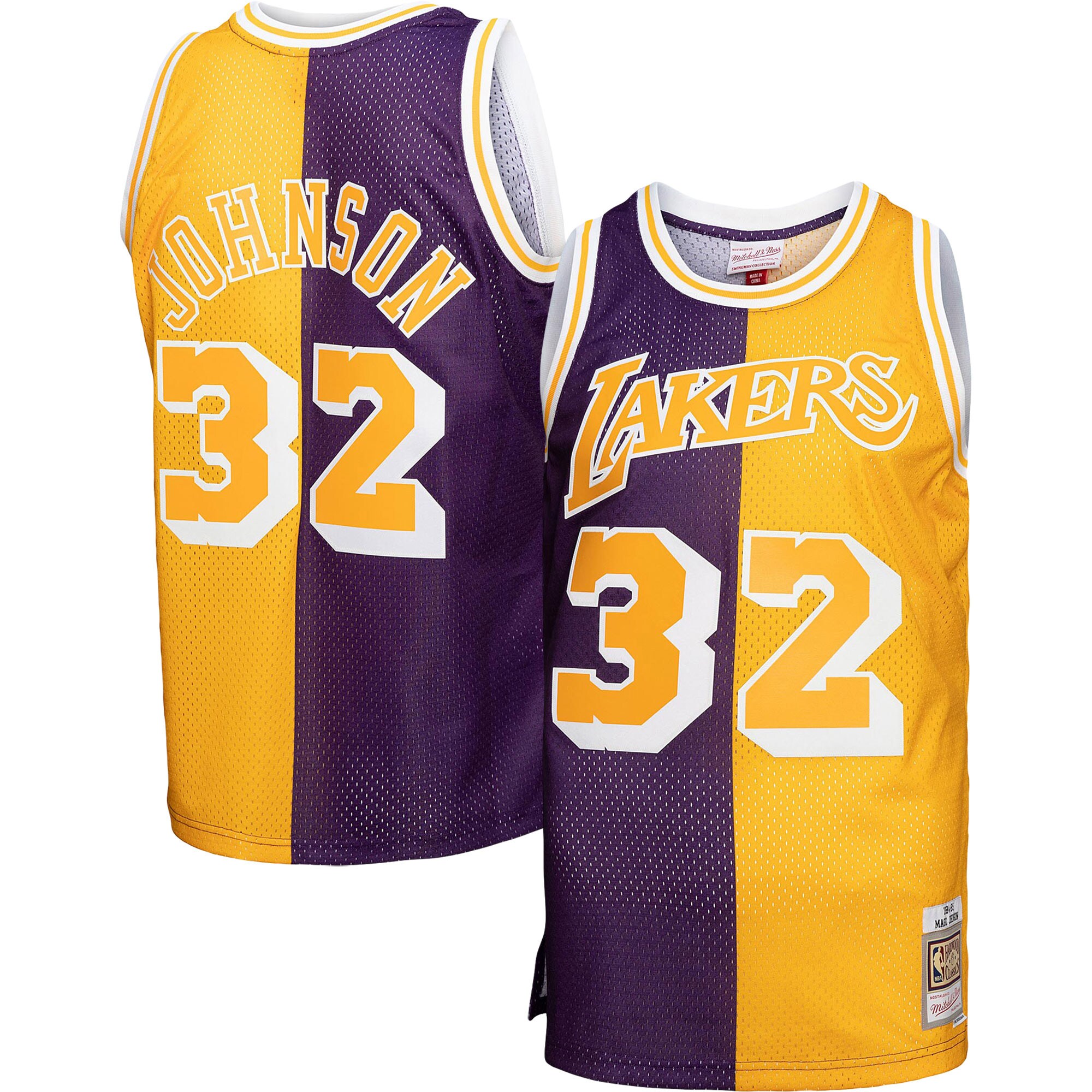 Alternative view of Magic Johnson Los Angeles Lakers Mitchell & Ness Big & Tall Hardwood Classics 1984/85 Split Swingman Jersey - Purple/gold