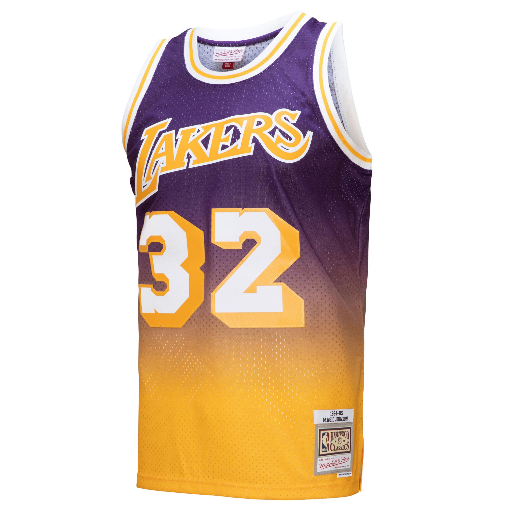Alternative view of Magic Johnson Los Angeles Lakers Mitchell & Ness 1984/85 Hardwood Classics Fadeaway Swingman Player Jersey - Gold/purple