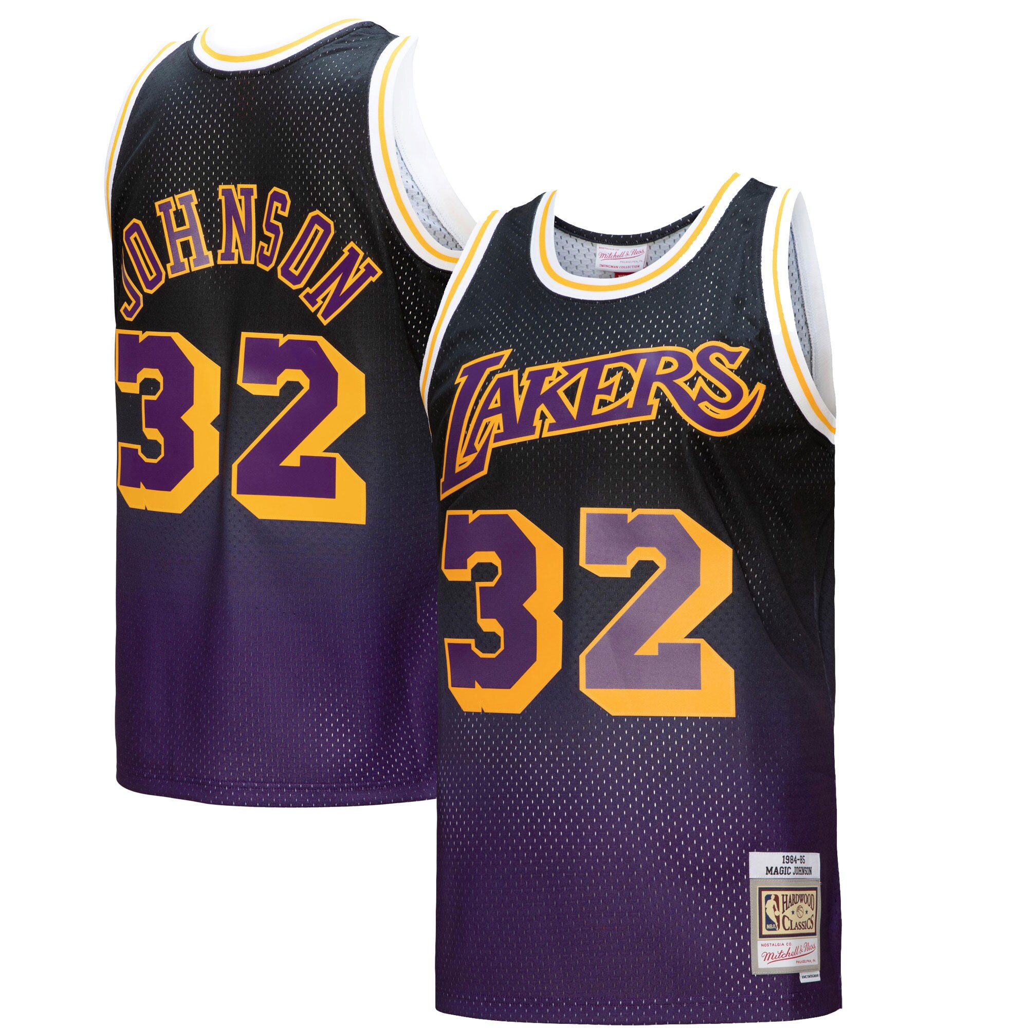 Alternative view of Magic Johnson Los Angeles Lakers Mitchell & Ness 1984/85 Hardwood Classics Fadeaway Swingman Player Jersey - Purple/black