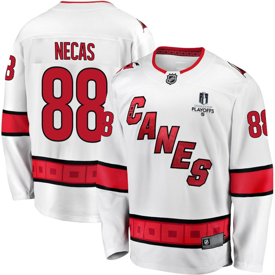 Martin Necas 88 Carolina Hurricanes Stanley Cup 2023 Playoffs Patch Away Breakaway Men Jersey - White - JS747 