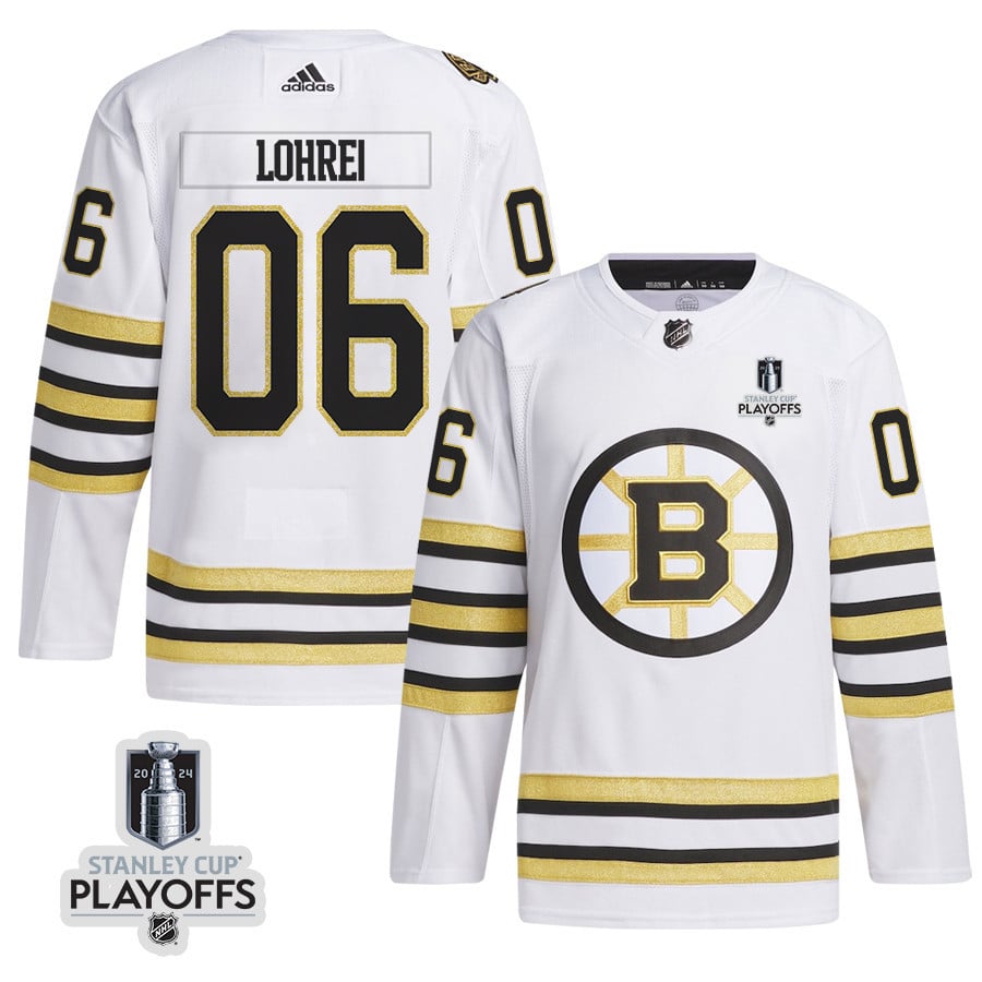 Mason Lohrei 6 Boston Bruins 2024 NHL Playoffs Patch Away Jersey - Men, White - JS367 