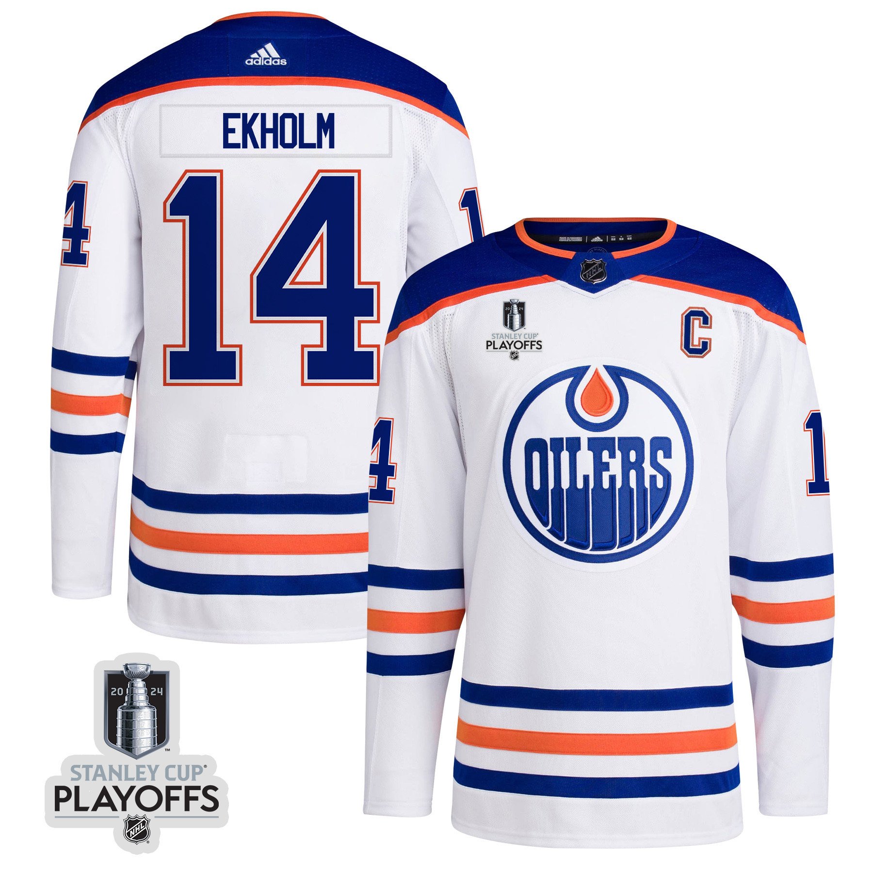 Mattias Ekholm 14 Edmonton Oilers 2024 NHL Playoffs Patch Away Jersey - Men, White - JS162 
