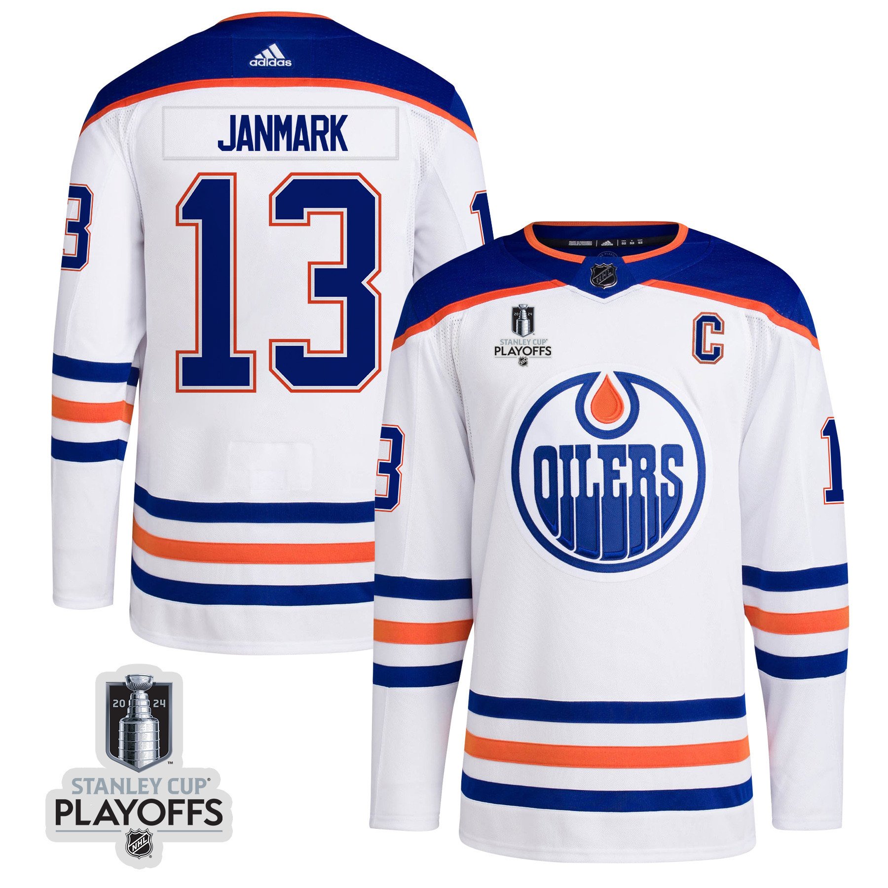 Mattias Janmark 13 Edmonton Oilers 2024 NHL Playoffs Patch Away Jersey - Men, White - JS579 