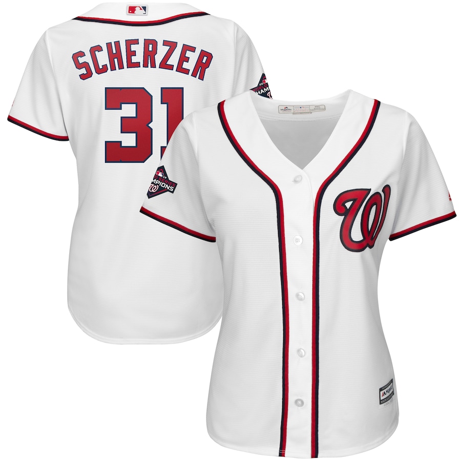 Max Scherzer Washington Nationals Majestic Women's 2019 World Series Champions Home Cool Base Patch Player Jersey - White