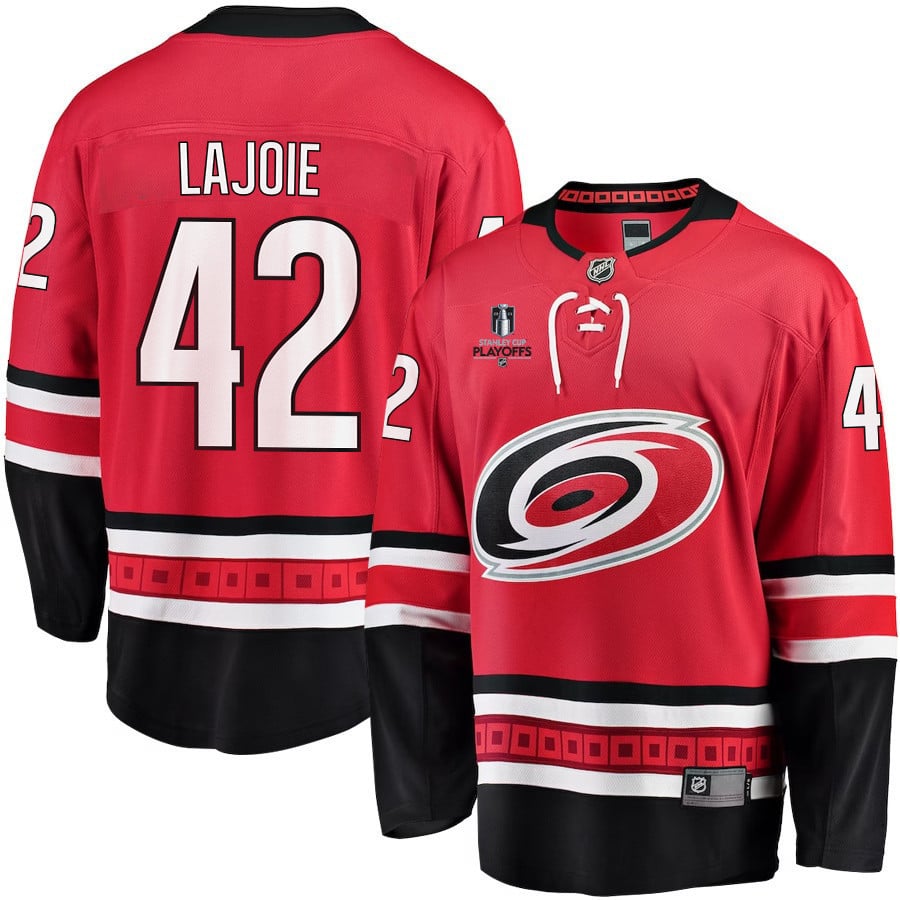 Maxime Lajoie 42 Carolina Hurricanes Stanley Cup 2023 Playoffs Patch Home Breakaway Men Jersey - Red - JS849 