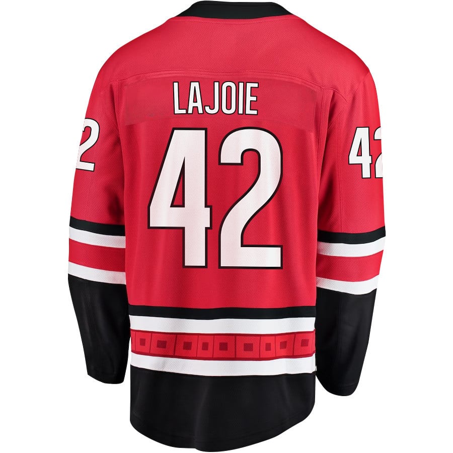 Alternative view of Maxime Lajoie 42 Carolina Hurricanes Stanley Cup 2023 Playoffs Patch Home Breakaway Men Jersey - Red - JS849 