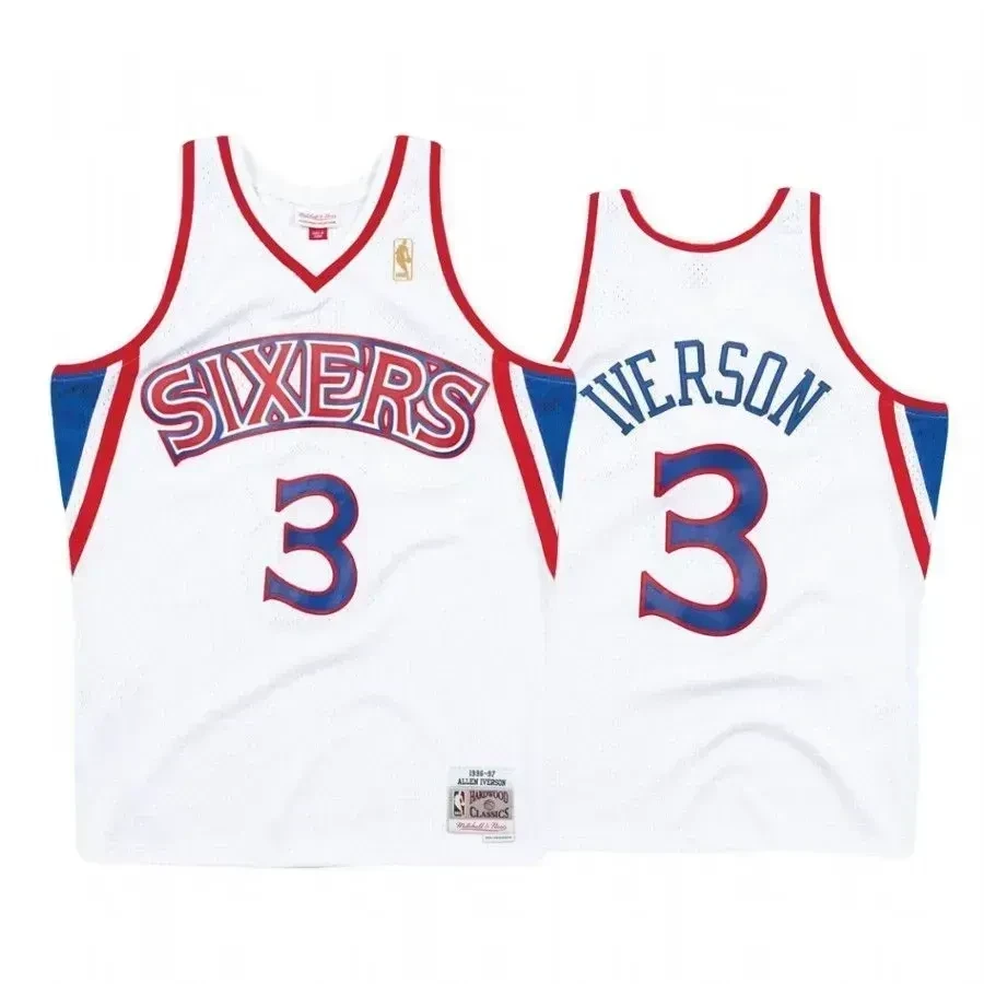 Men's Allen Iverson 3 Philadelphia 76ers White Hardwood Classics Jersey - JS990 