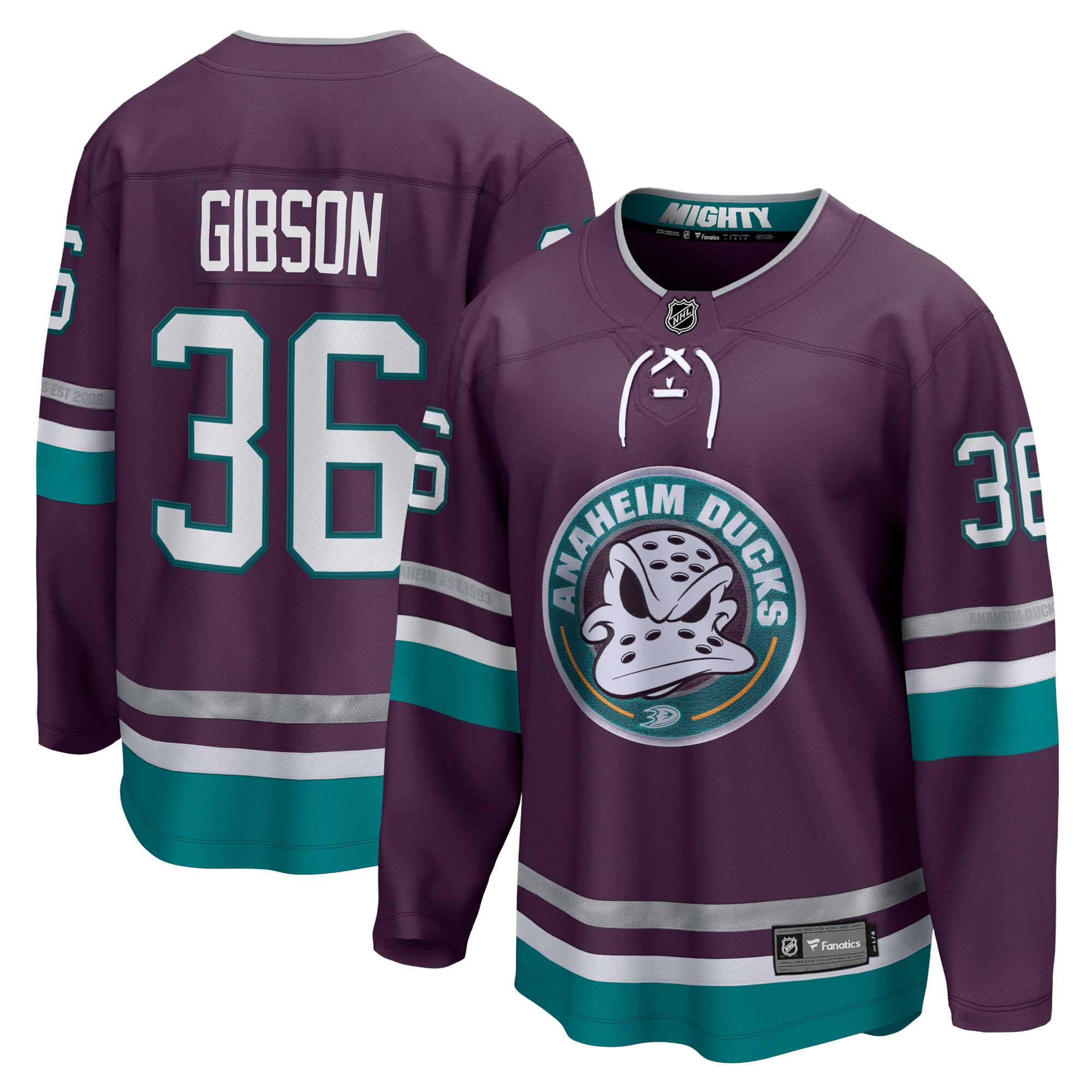 Men's Anaheim Ducks John Gibson Purple 30th Anniversary Premier Breakaway Jersey - JS278 
