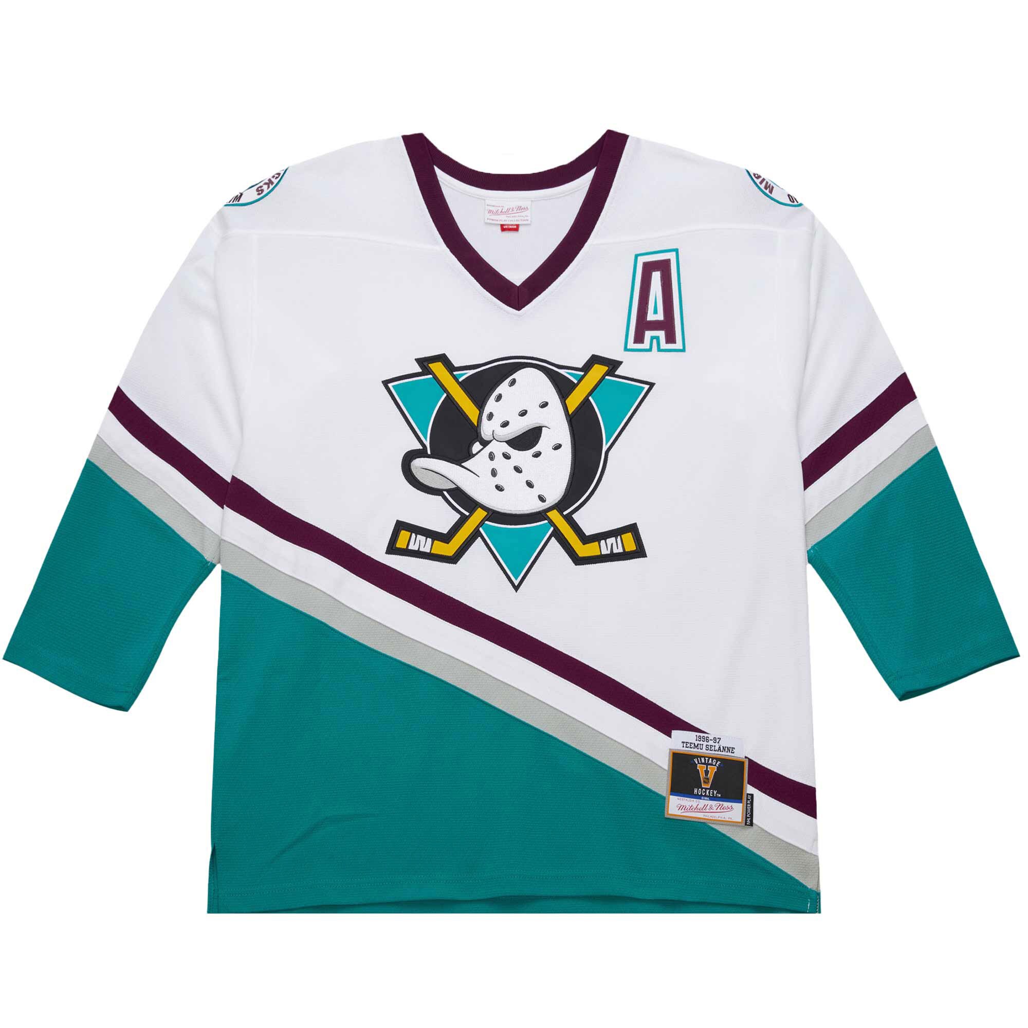 Alternative view of Men's Anaheim Ducks Teemu Selanne White 1996-97 Power Play Jersey - JS682 