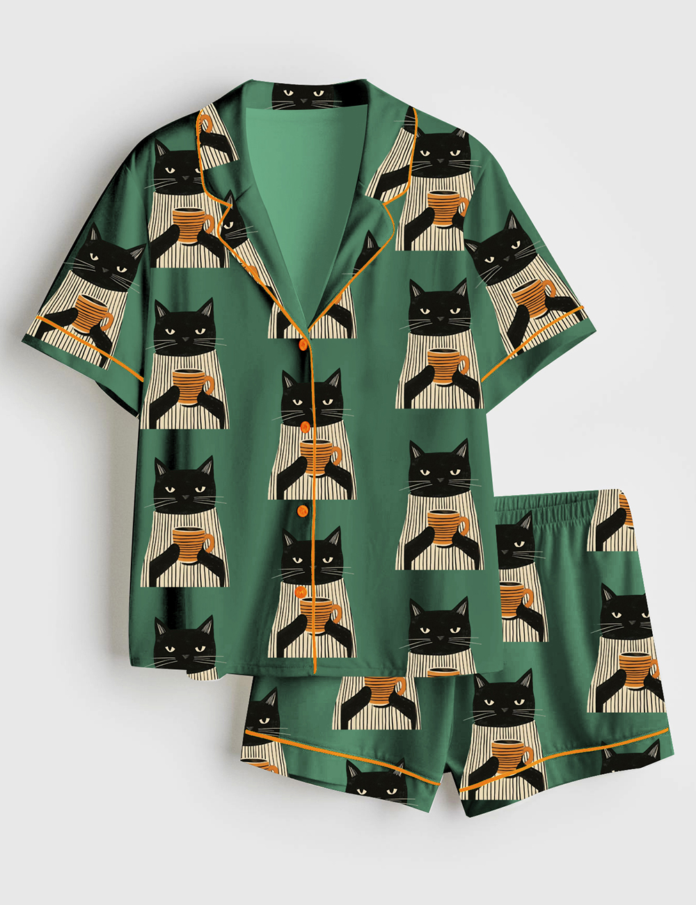 Men's Black Cat Drinking Coffee Satin Family Pajama Set