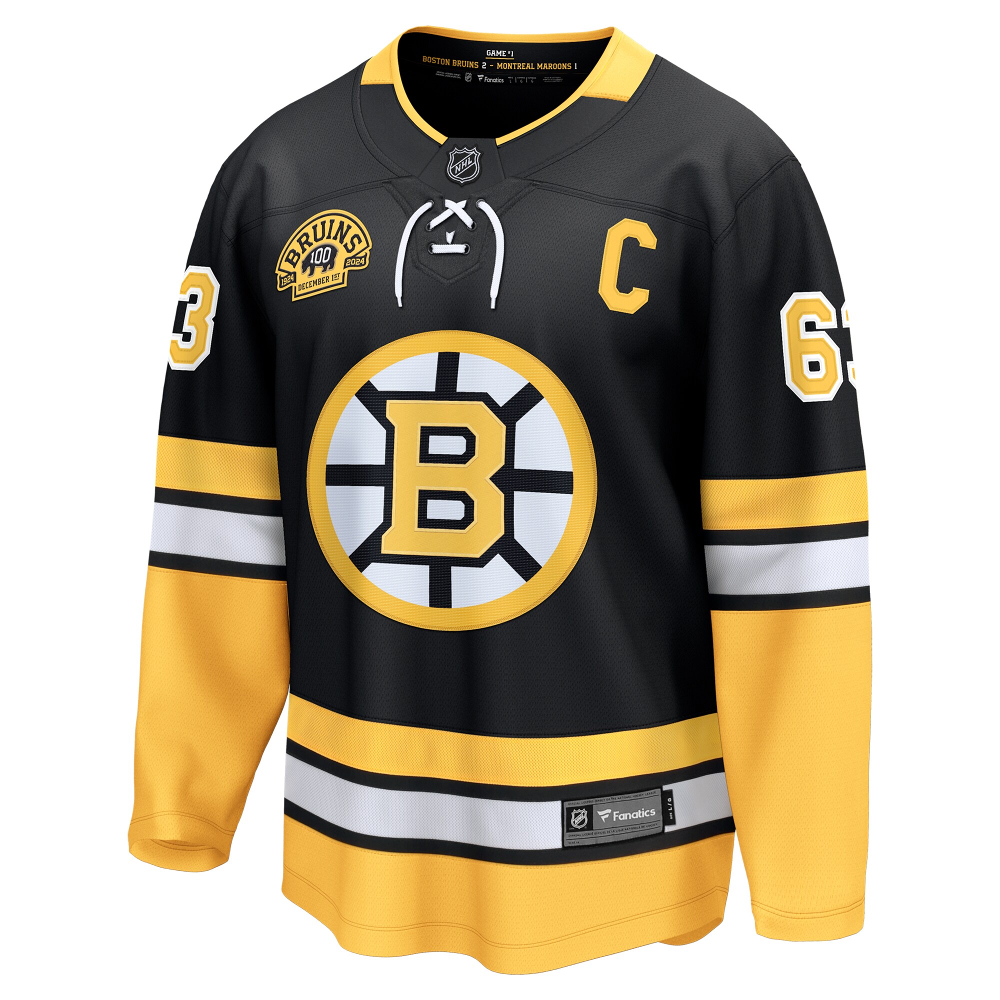 Alternative view of Men's Boston Bruins Brad Marchand Black 100th Anniversary Premier Breakaway Player Jersey - JS838 
