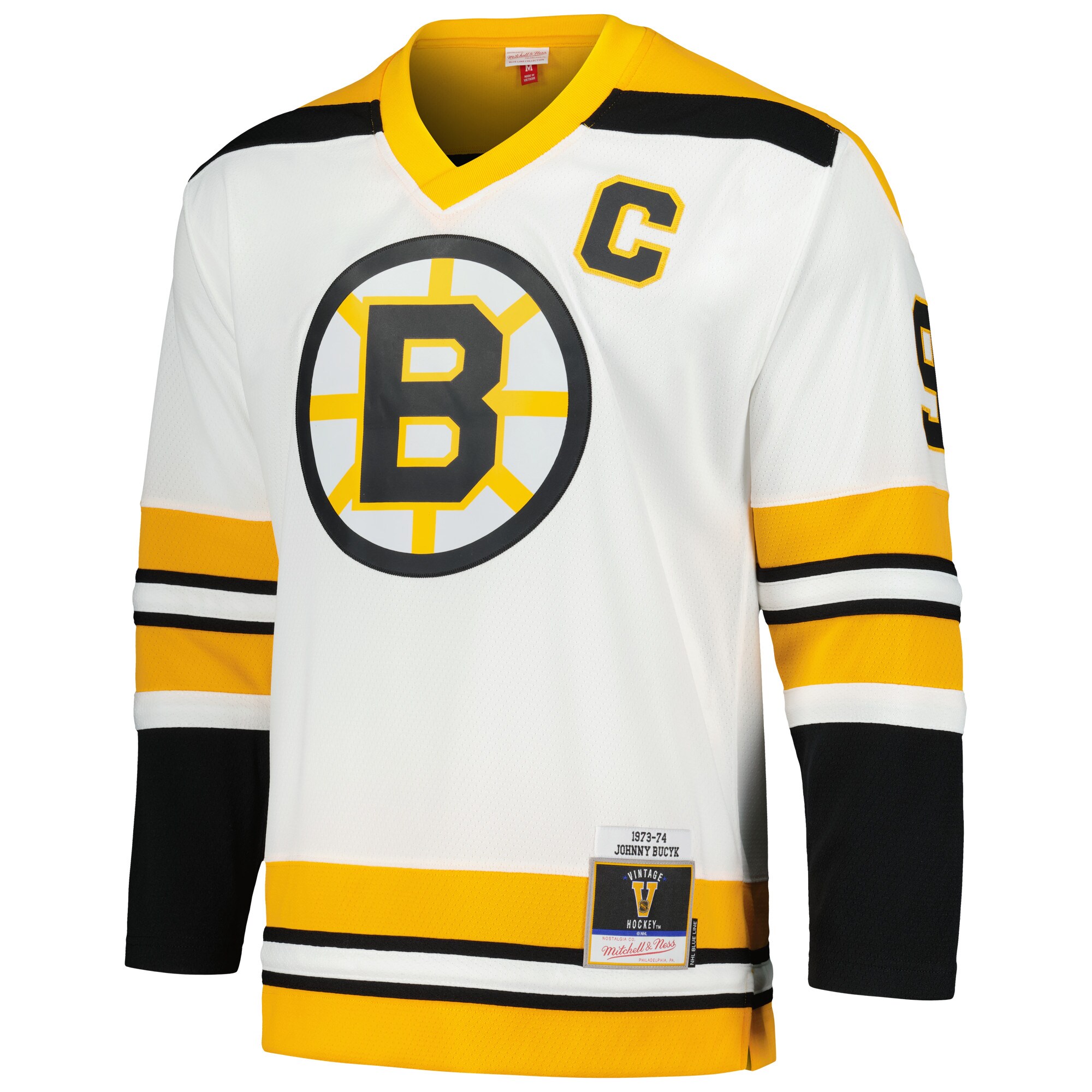 Alternative view of Men's Boston Bruins Johnny Bucyk Mitchell & Ness White 1973/74 Blue Line Player Jersey - JS531 