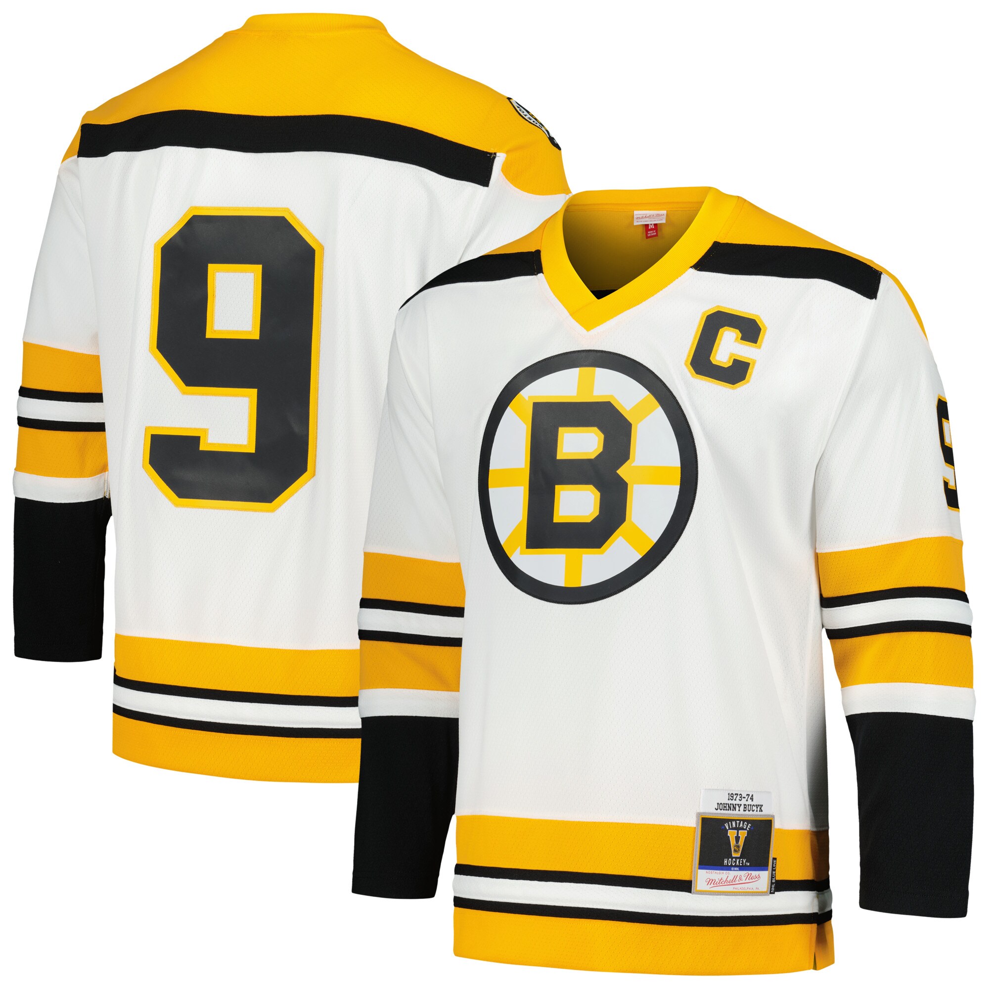Men's Boston Bruins Johnny Bucyk Mitchell & Ness White 1973/74 Blue Line Player Jersey - JS531 