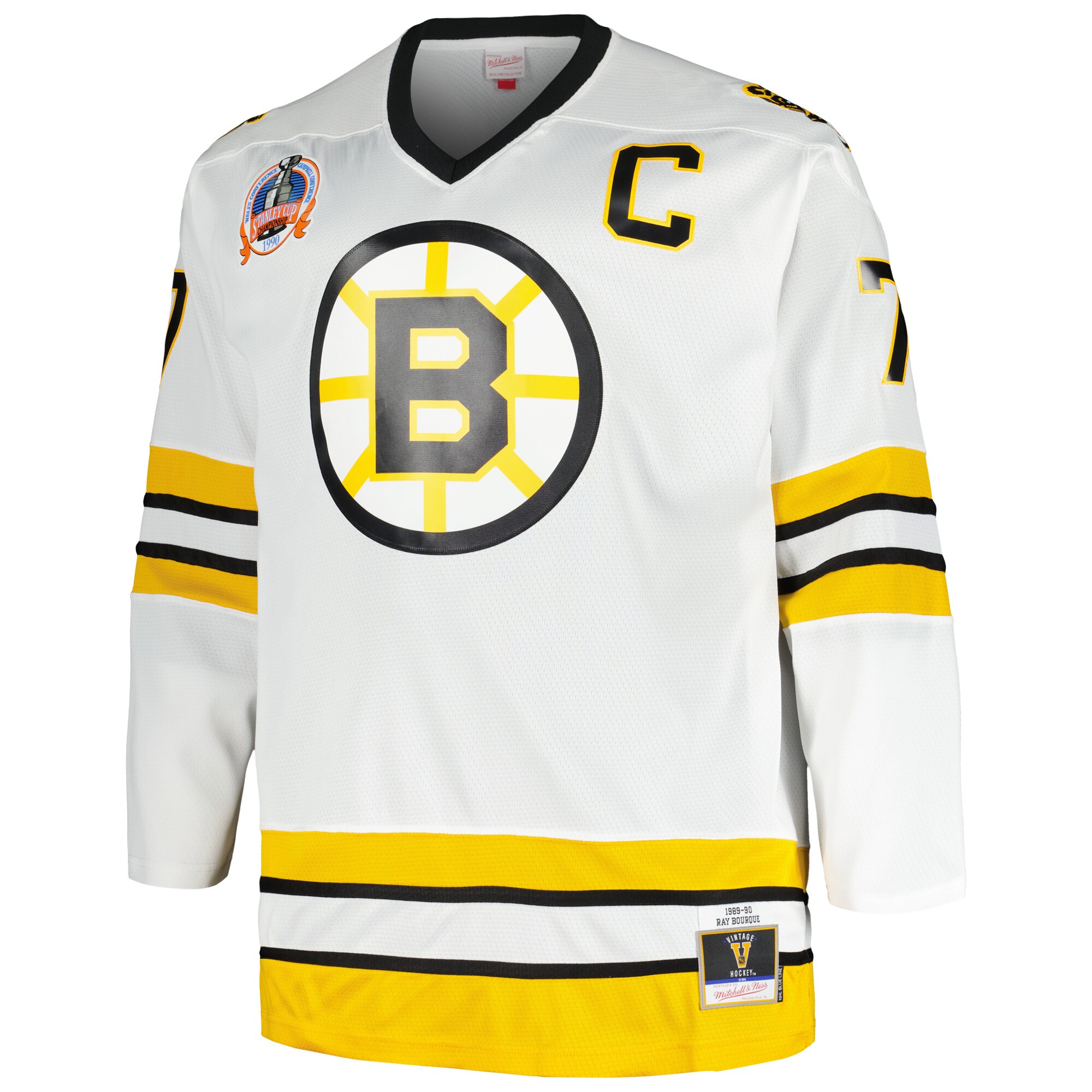Alternative view of Men's Boston Bruins Ray Bourque Mitchell & Ness White Big & Tall Captain Patch Blue Line Player Jersey - JS148 