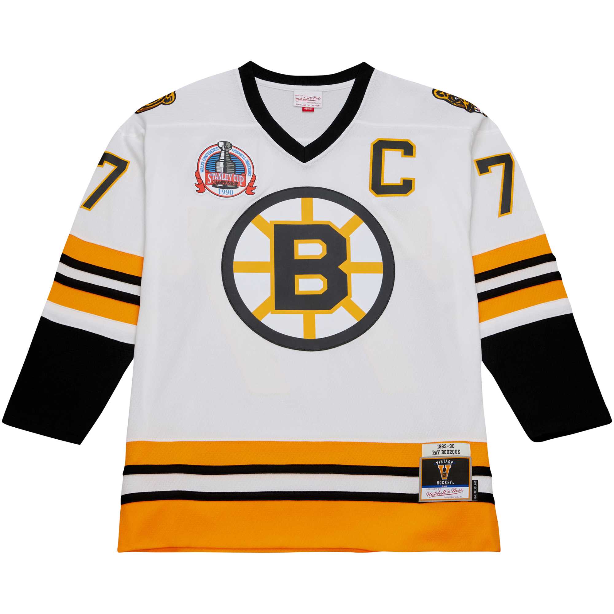 Alternative view of Men's Boston Bruins Ray Bourque Mitchell & Ness White Captain Patch 1989/90 Blue Line Player Jersey - JS343 