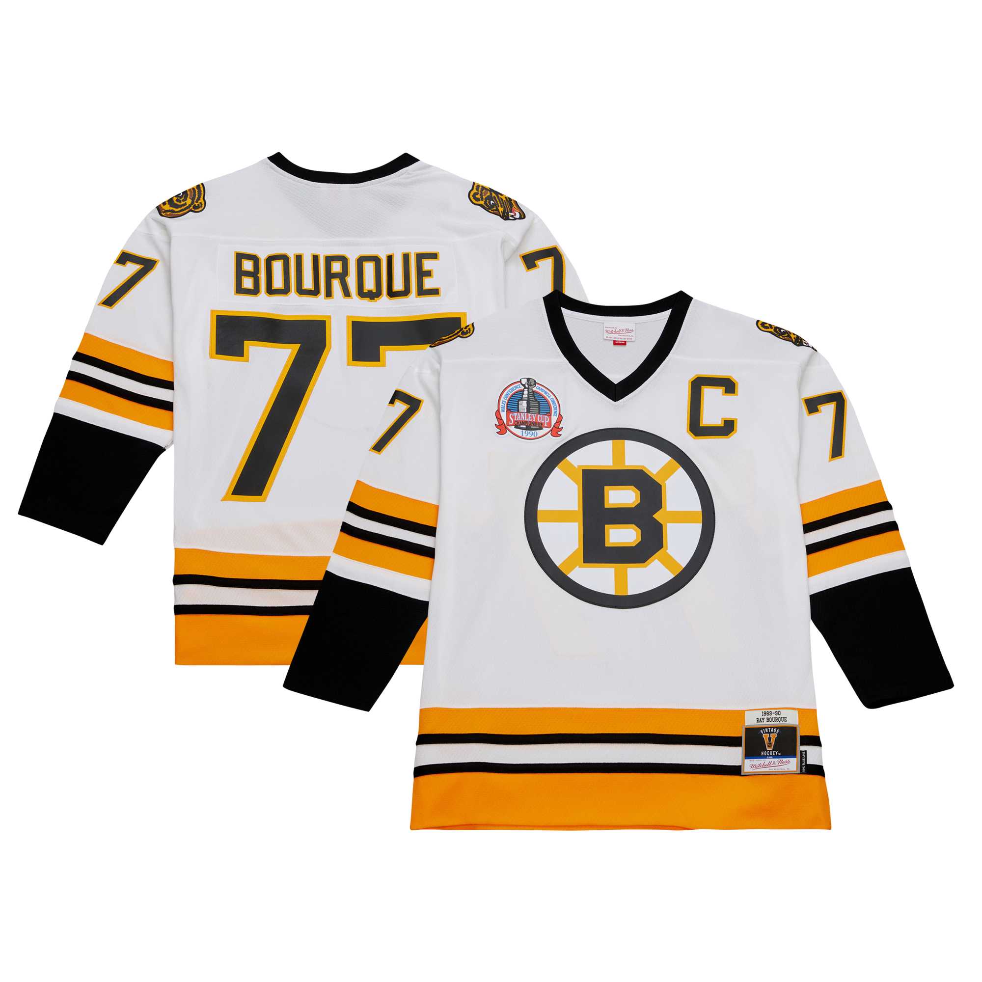 Men's Boston Bruins Ray Bourque Mitchell & Ness White Captain Patch 1989/90 Blue Line Player Jersey - JS343 