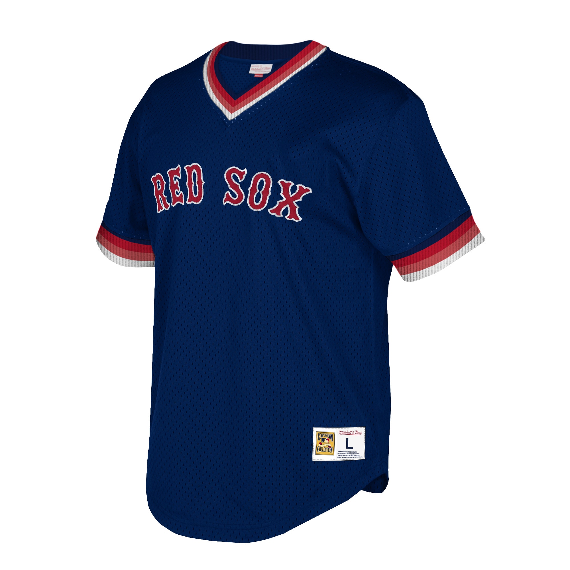 Alternative view of Men's Boston Red Sox Mitchell & Ness Navy Big & Tall Cooperstown Collection Mesh Wordmark V-Neck Jersey