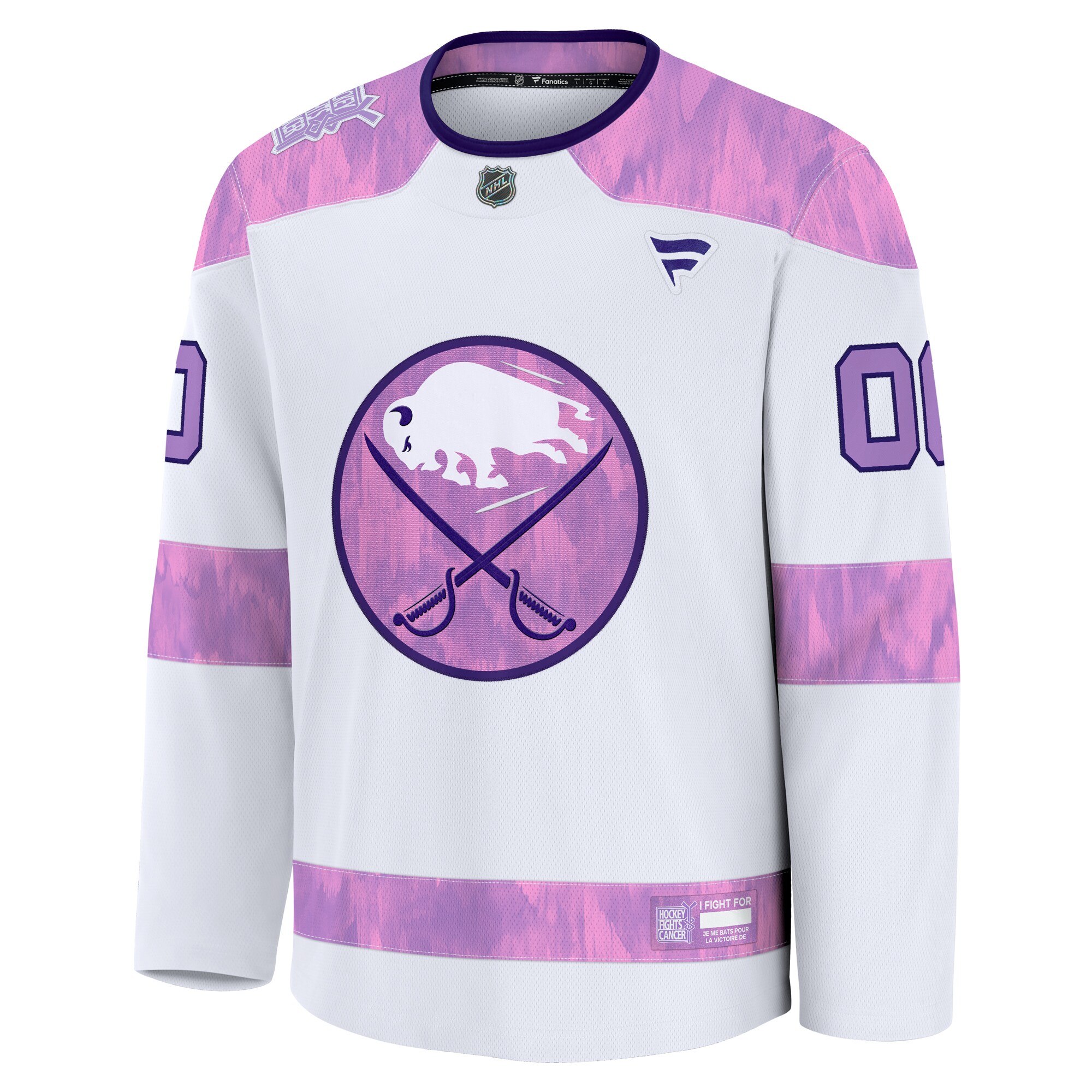 Alternative view of Men's Buffalo Sabres White 2024 Hockey Fights Cancer Custom Practice Jersey - JS245 