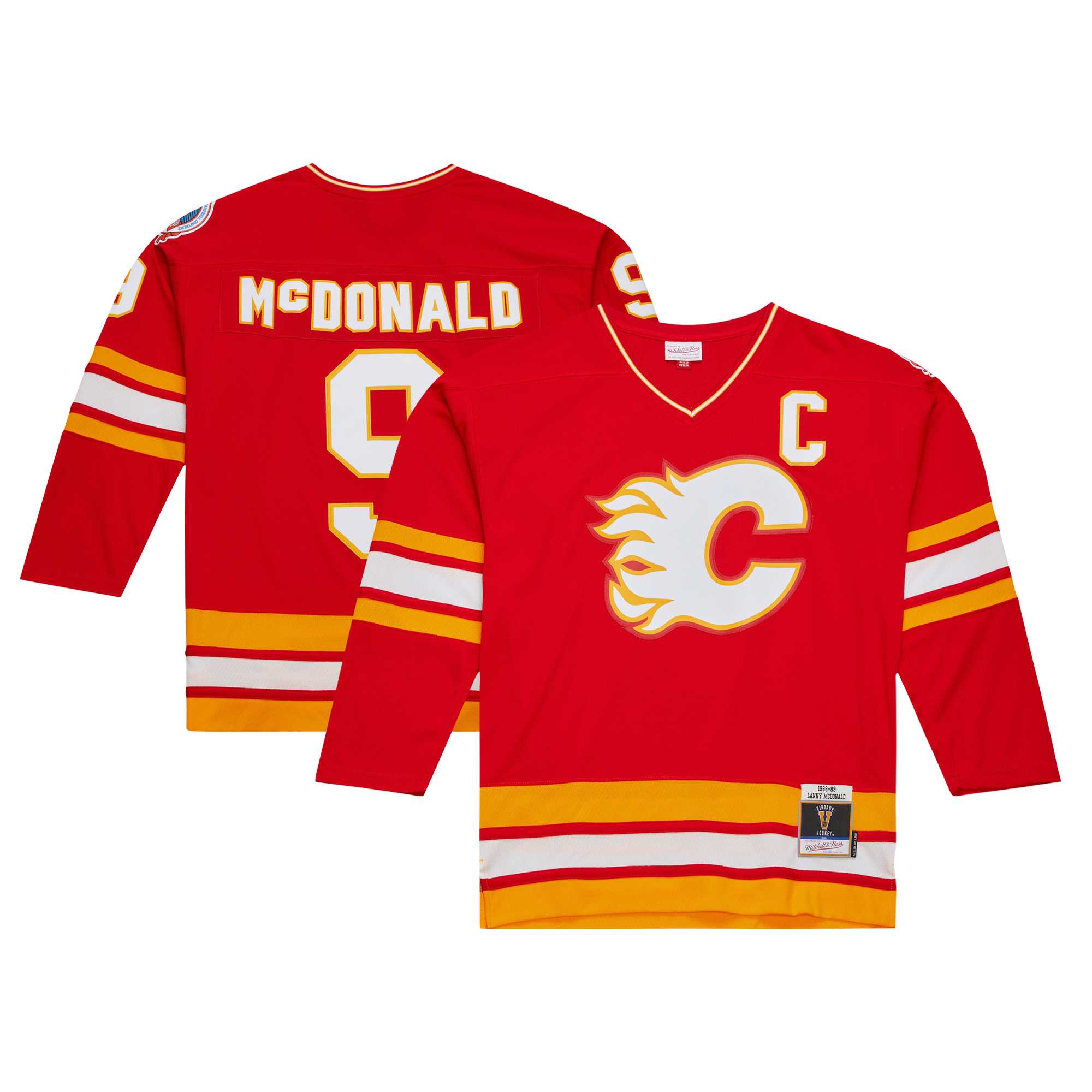Men's Calgary Flames Lanny McDonald Mitchell & Ness Red Captain Patch 1988/89 Blue Line Player Jersey - JS143 