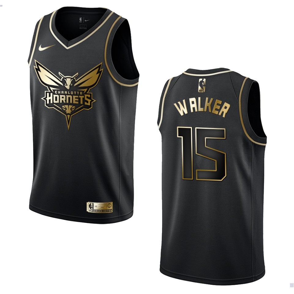 Men’s Charlotte Hornets #15 Kemba Walker Golden Edition Jersey – Black