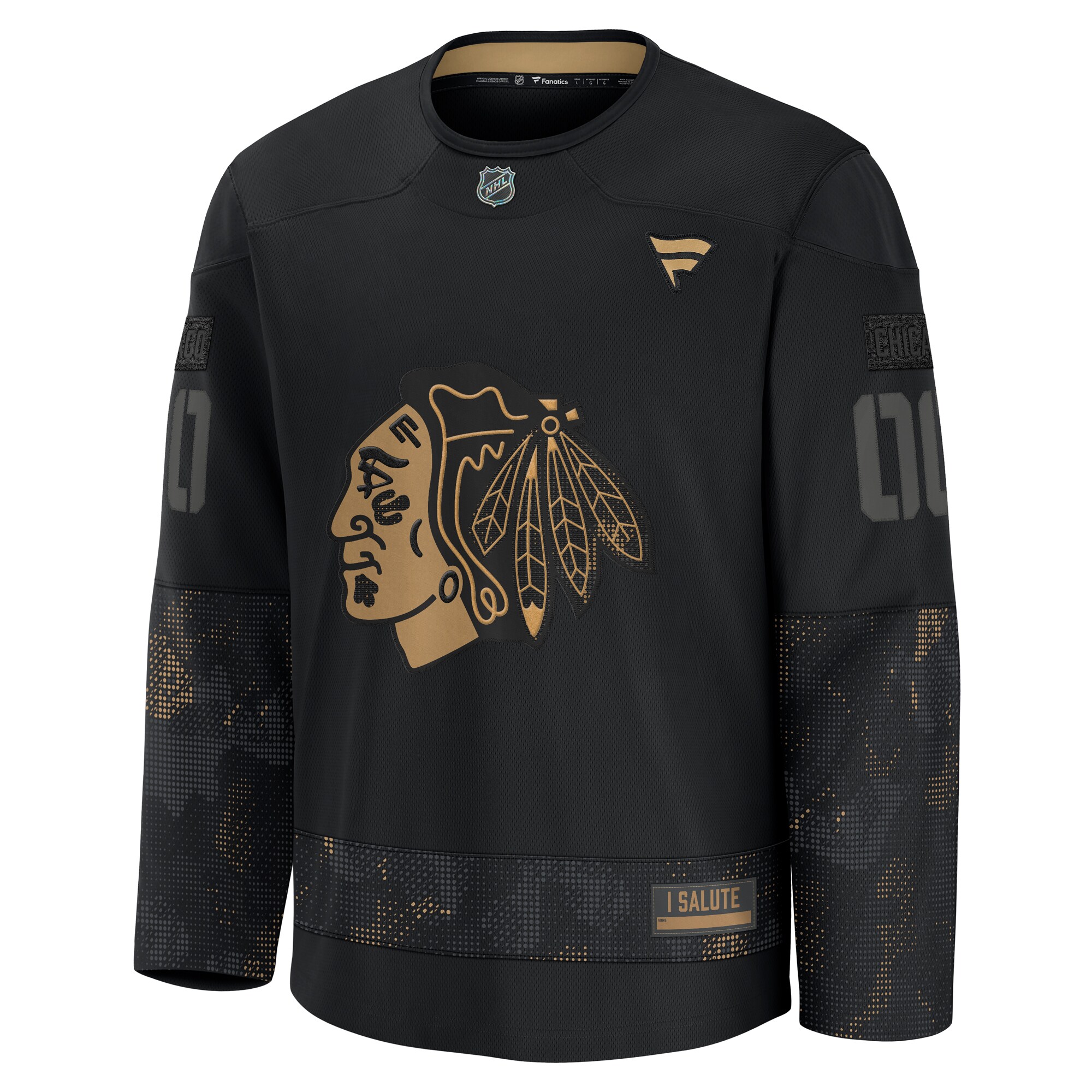Alternative view of Men's Chicago Blackhawks Black 2024 Military Appreciation Custom Practice Jersey - JS128 