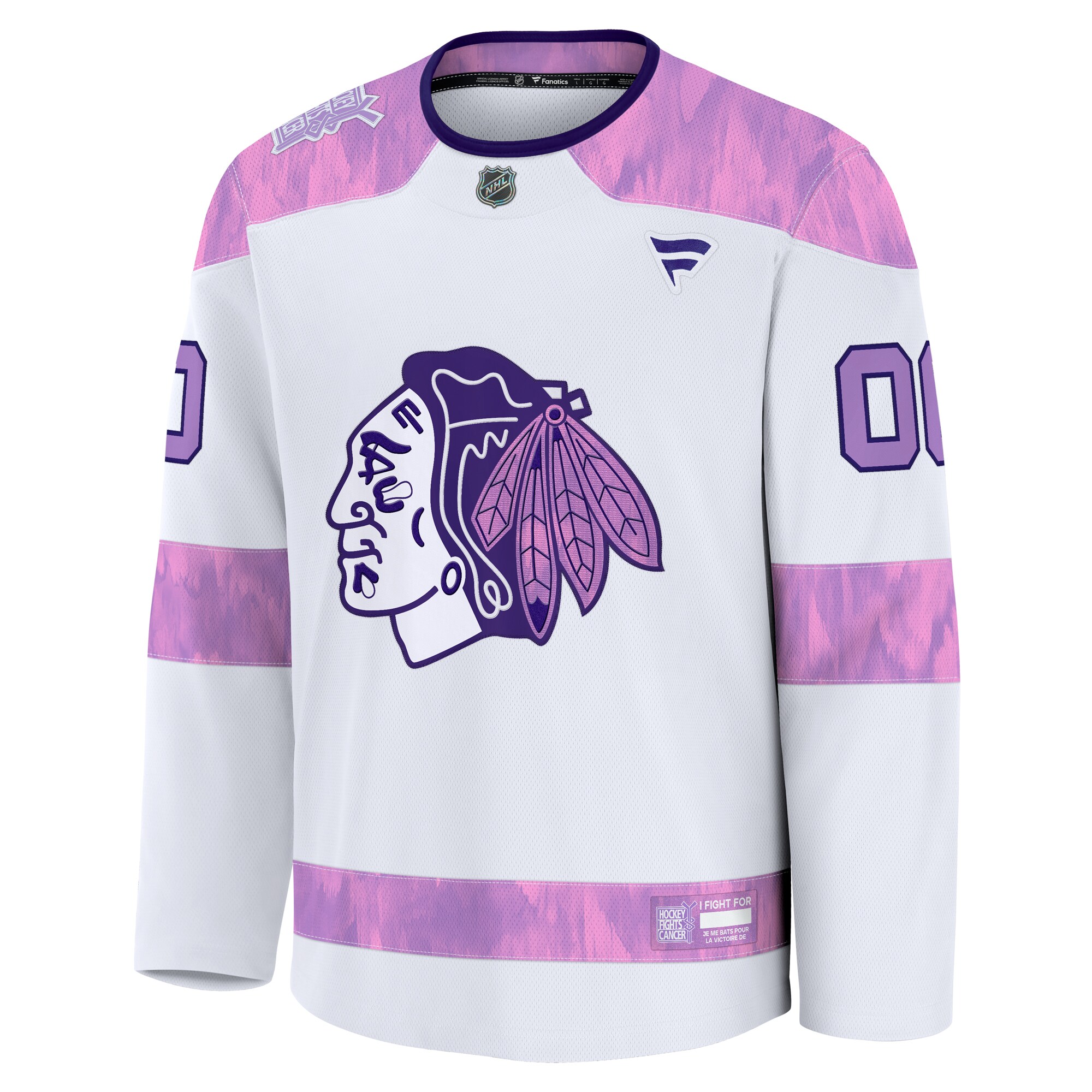 Alternative view of Men's Chicago Blackhawks White 2024 Hockey Fights Cancer Custom Practice Jersey - JS728 