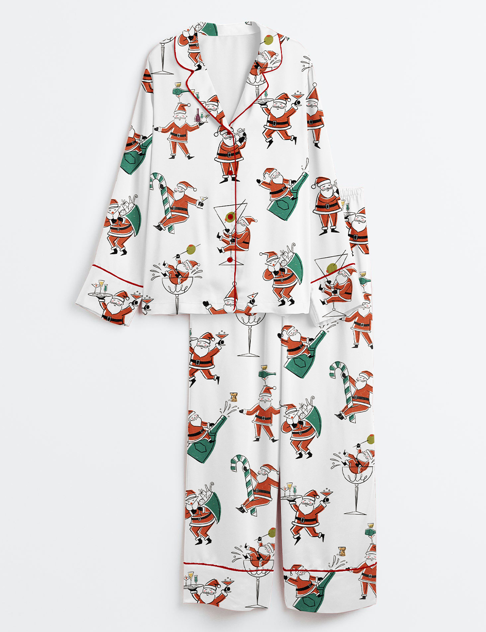 Men's Christmas Santa Martini Cocktail Mid Century Modern Cocktail Long Sleeve Satin Pajama Set