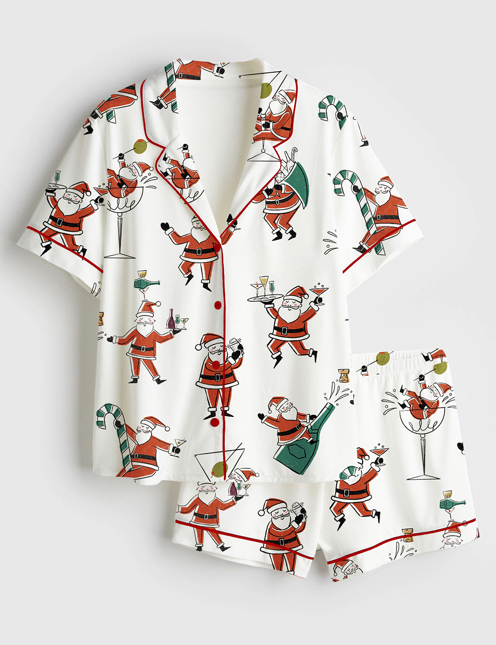 Men's Christmas Santa Martini Cocktail Mid Century Modern Cocktail Short Sleeve Satin Pajama Set
