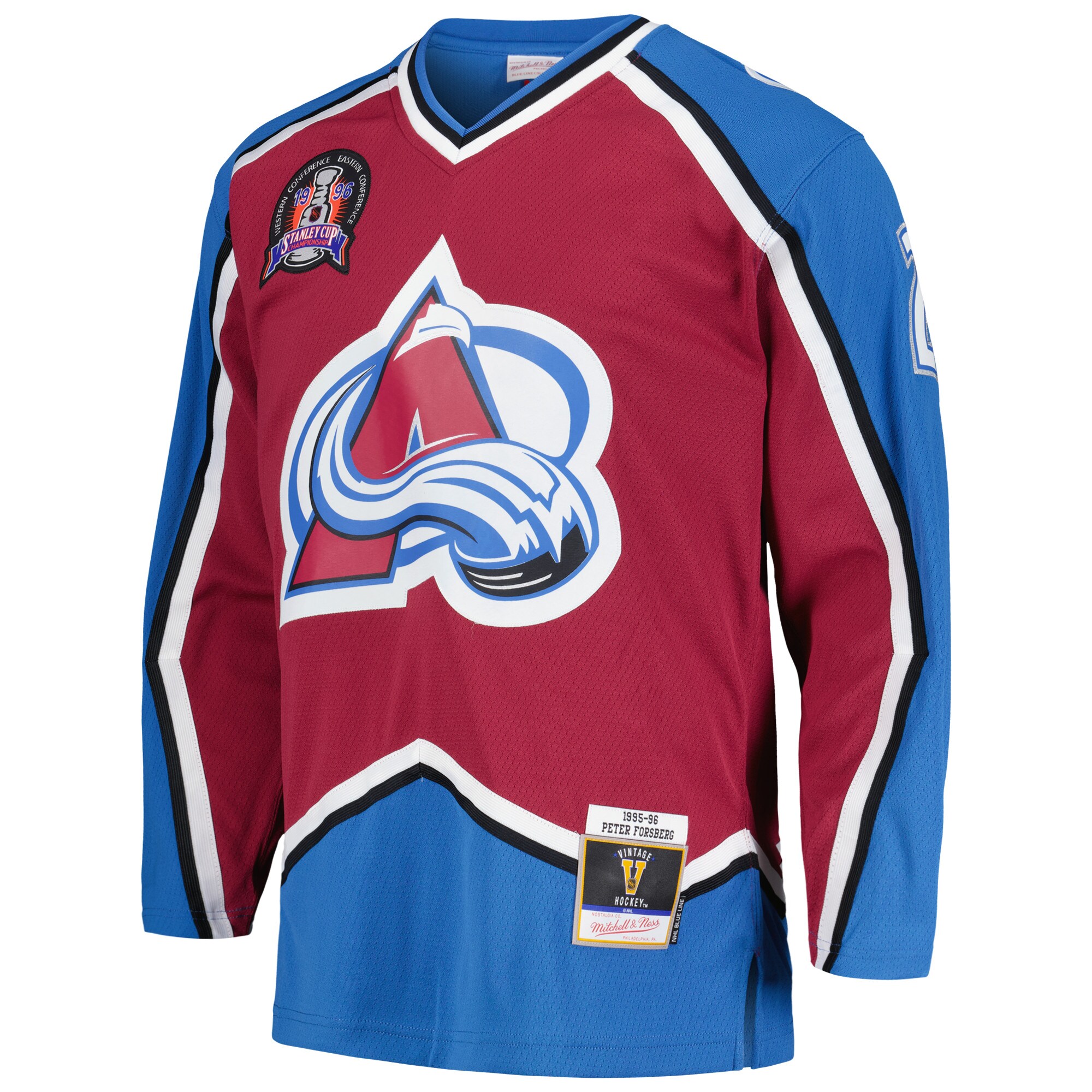 Alternative view of Men's Colorado Avalanche Peter Forsberg Mitchell & Ness Burgundy 1995/96 Blue Line Player Jersey - JS839 
