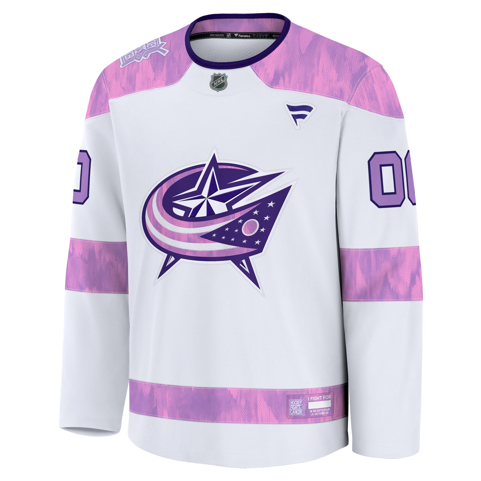 Alternative view of Men's Columbus Blue Jackets White 2024 Hockey Fights Cancer Custom Practice Jersey - JS178 