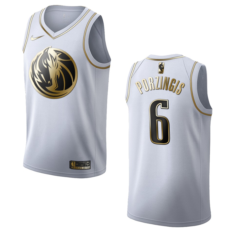 Men’s Dallas Mavericks #6 Kristaps Porzingis Golden Edition Jersey – White
