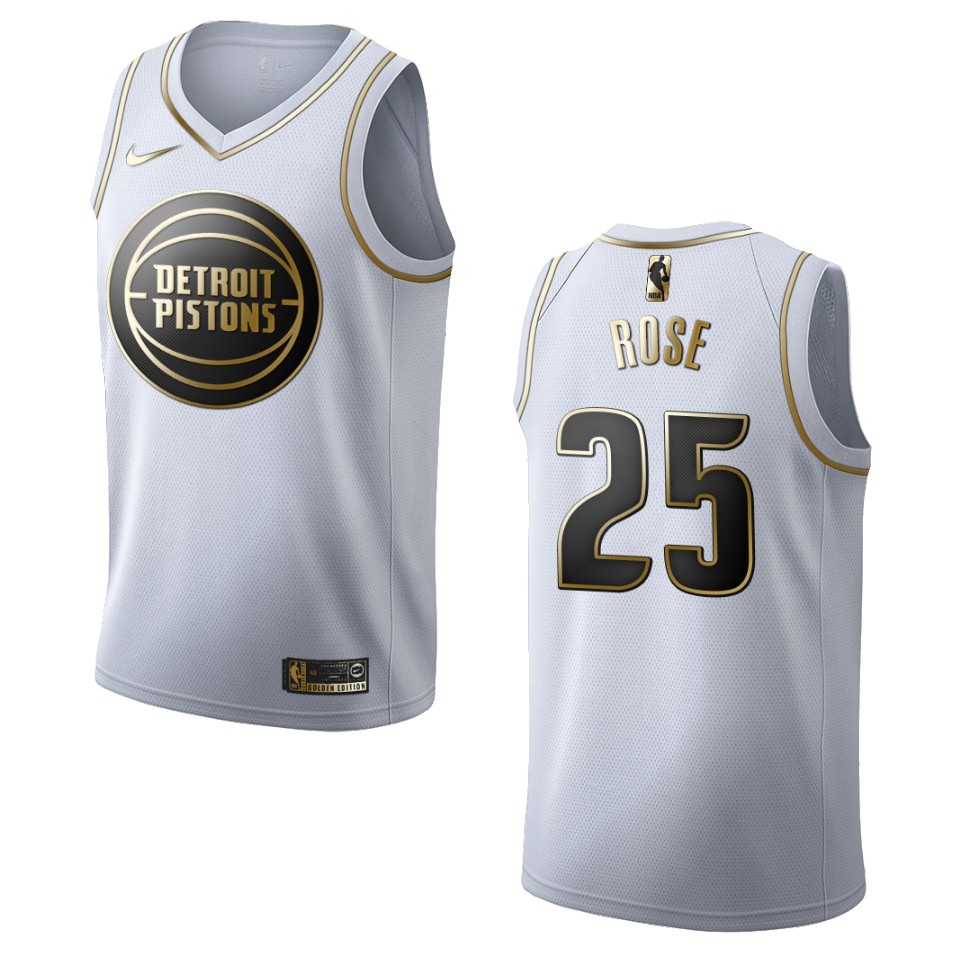 Men's Detroit Pistons #25 Derrick Rose Golden Edition Jersey - White