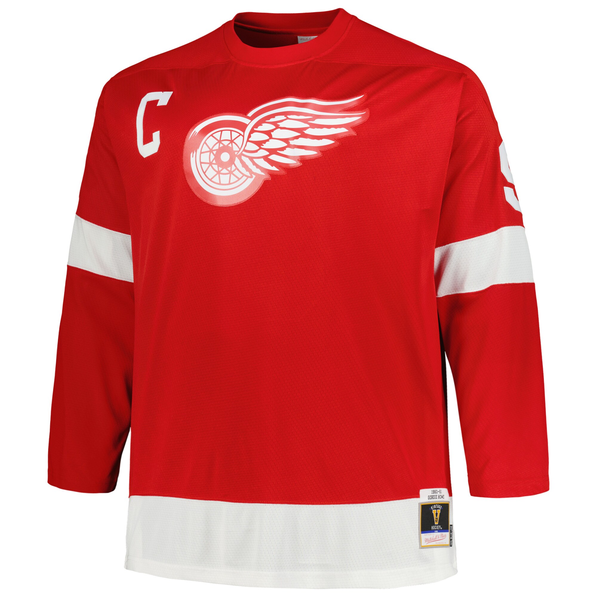 Alternative view of Men's Detroit Red Wings Gordie Howe Mitchell & Ness Red Big & Tall 1960 Captain Patch Blue Line Player Jersey - JS682 