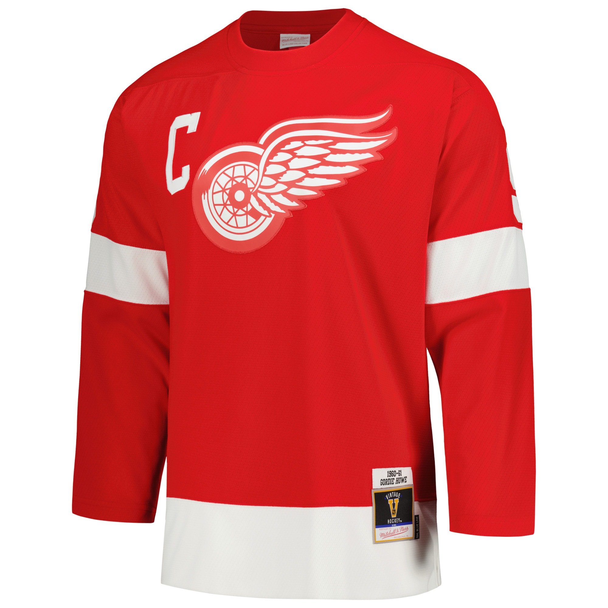 Alternative view of Men's Detroit Red Wings Gordie Howe Mitchell & Ness Red Captain Patch 1960/61 Blue Line Player Jersey - JS586 