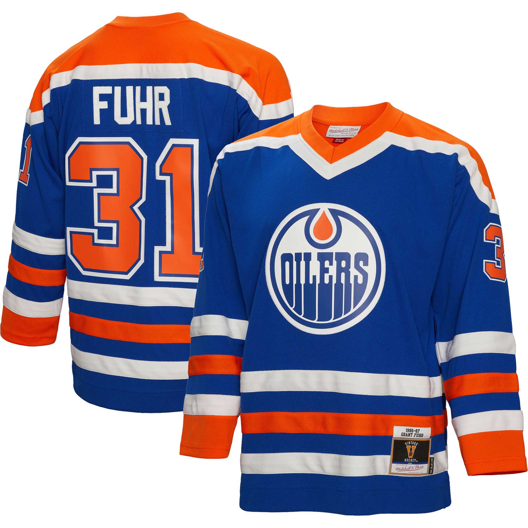 Men's Edmonton Oilers Grant Fuhr Mitchell & Ness Royal 1986/87 Blue Line Player Jersey - JS383 