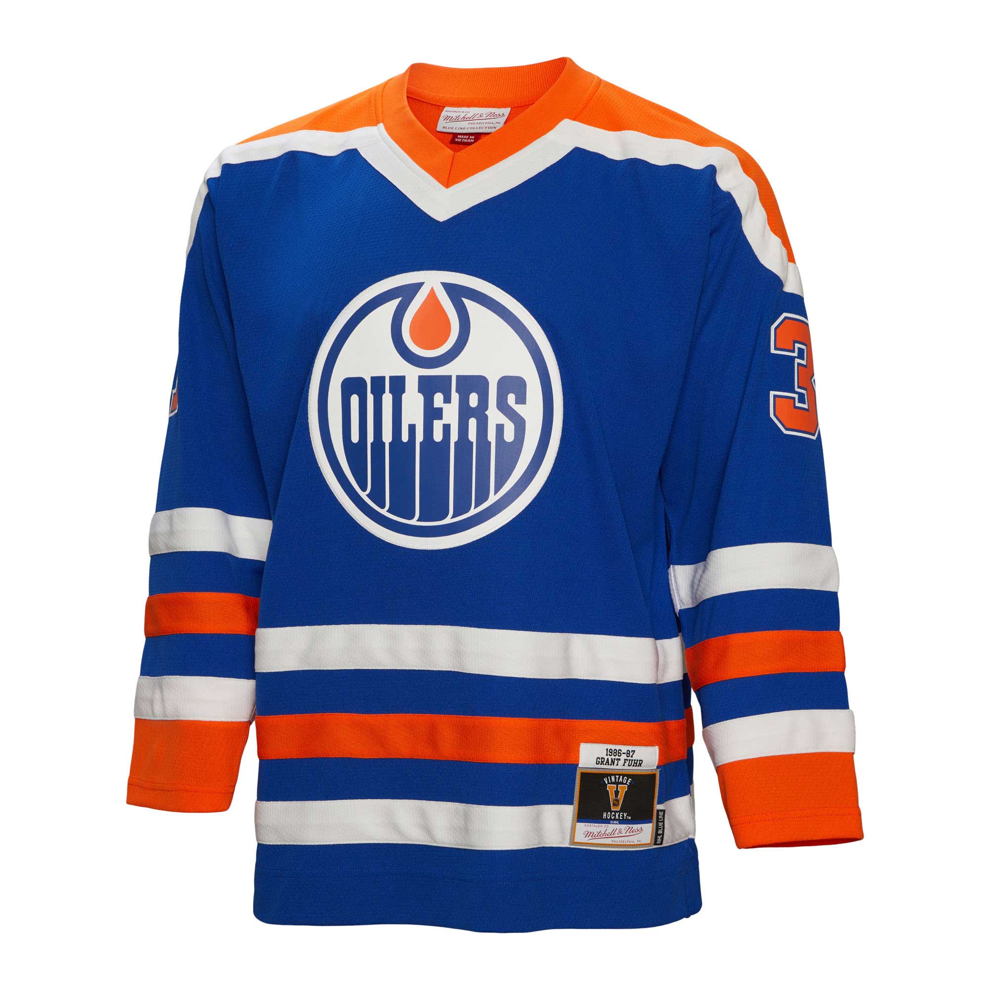 Alternative view of Men's Edmonton Oilers Grant Fuhr Mitchell & Ness Royal 1986/87 Blue Line Player Jersey - JS383 
