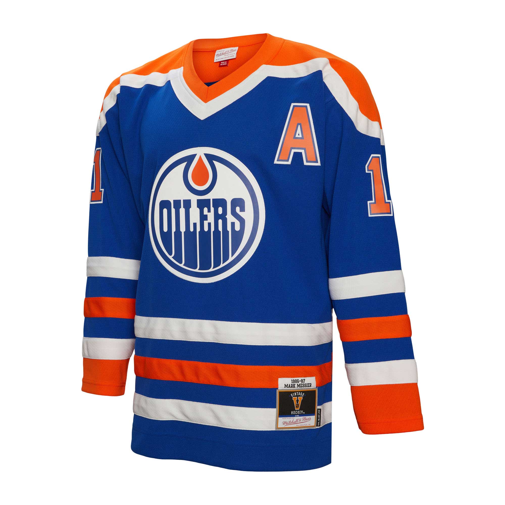 Alternative view of Men's Edmonton Oilers Mark Messier Mitchell & Ness Royal Alternate Captain Patch 1986/87 Blue Line Player Jersey - JS224 