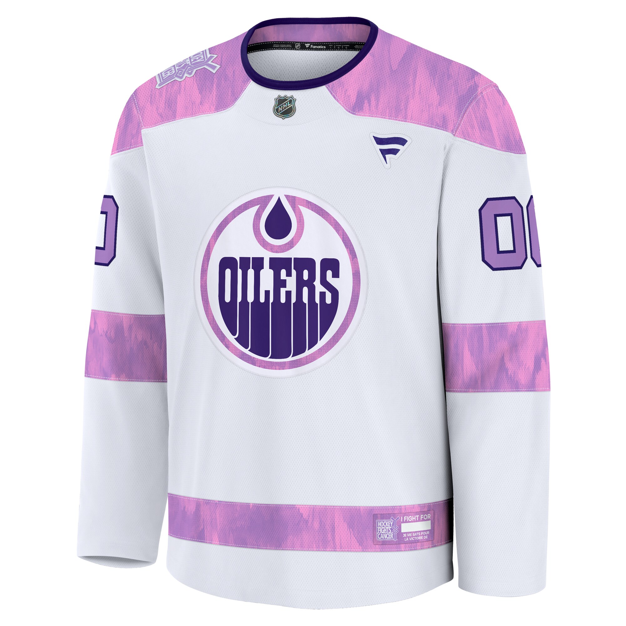 Alternative view of Men's Edmonton Oilers White 2024 Hockey Fights Cancer Custom Practice Jersey - JS709 