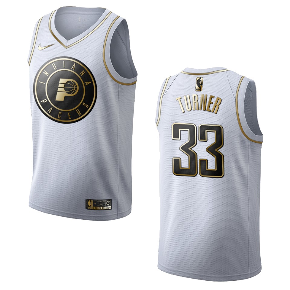 Men’s Indiana Pacers #33 Myles Turner Golden Edition Jersey – White
