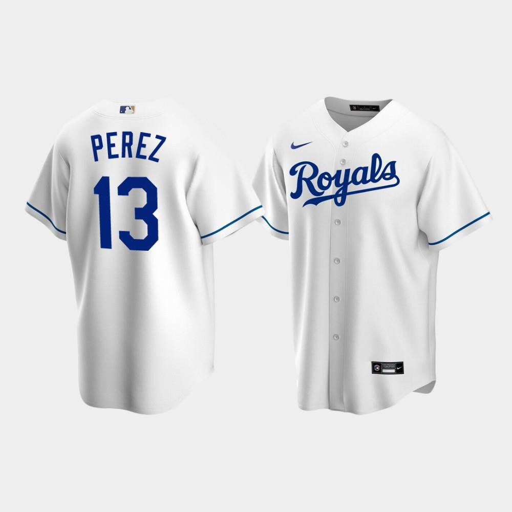 Men's Kansas City Royals 13 Salvador Perez White Home Jersey Jersey 